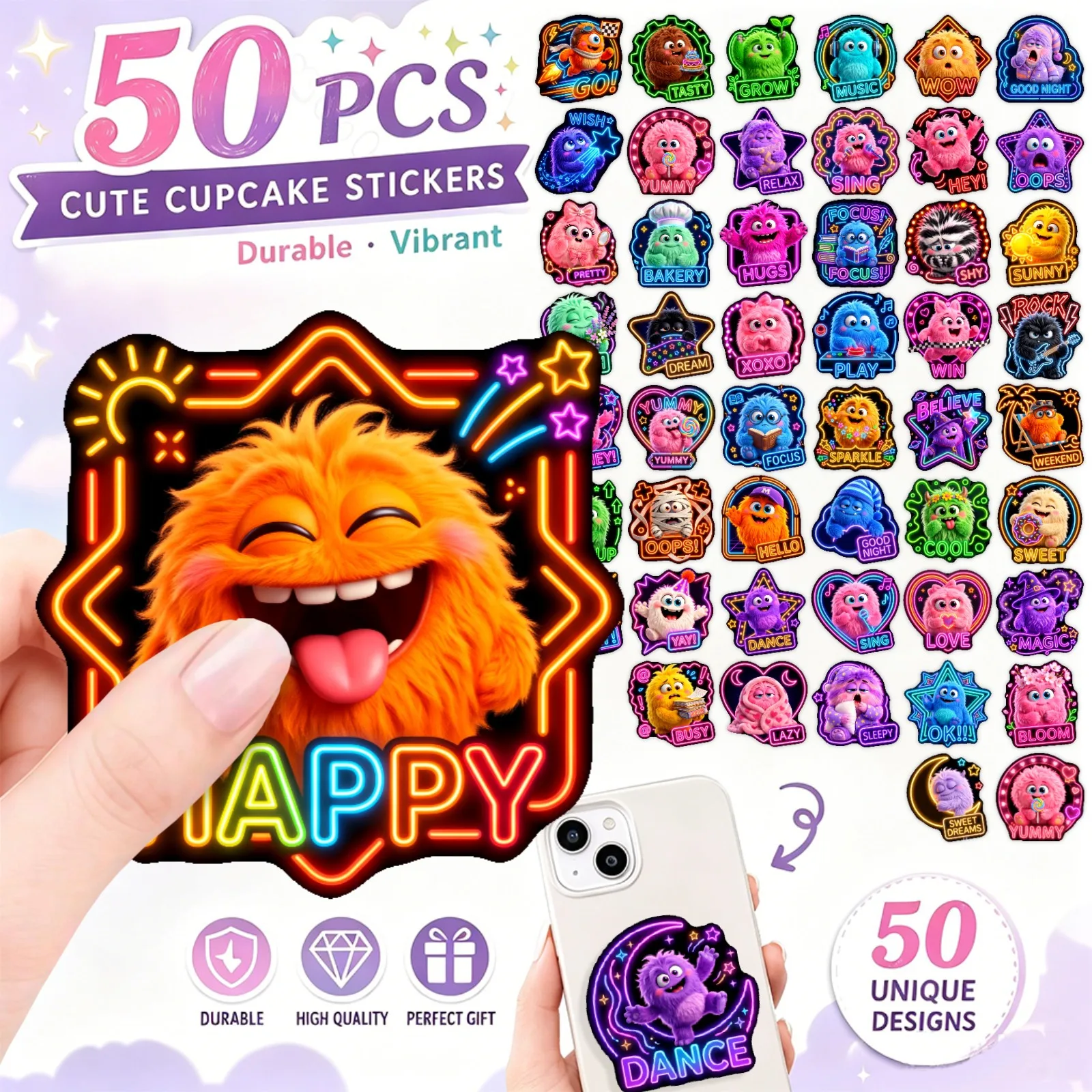 50Pcs Neon Little Monster Cartoon Stickers Cool Funny English Quotes Stickers Waterproof DIY Journal Scrapbook Decor Decals