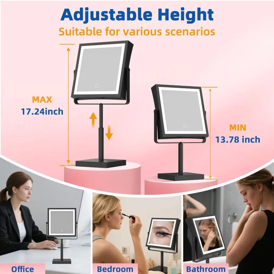 Specchio cosmetico con luci, amplificatore in altezza Luminosità regolabile, Specchio per trucco illuminato ricaricabile da 4000 mAh con ingrandimento 1X 10