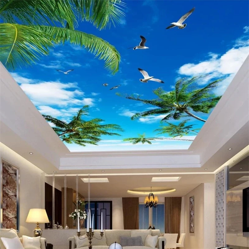 papel-de-parede-personalizado-3d-arvore-de-coco-ceu-azul-passaro-marinho-branco-teto-mural-quarto-restaurante-sala-de-estar-fundo