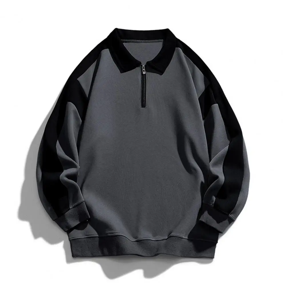 Men Color-block Sweatshirt Men Sweatshirt Sporty Men's Contrast Color Sweatshirt with Zipper Neckline Stylish Lapel for Teens