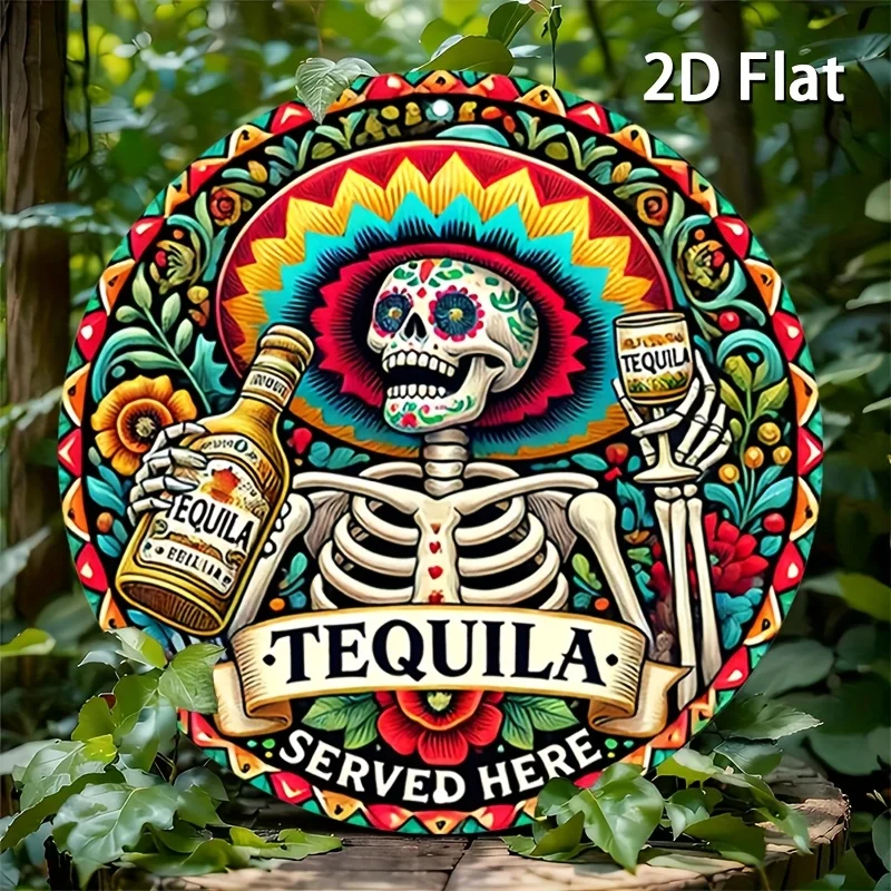 2D-Wanddekoration im Retro-Stil aus Holz – mit bunten Totenkopf- und Tequila-Mustern, für die Café-Dekoration