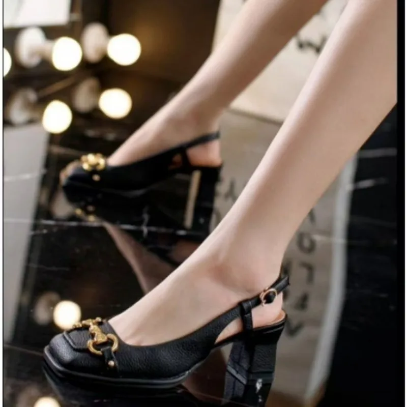 Women Mid-heel 5.5CM new Summer French Style Back Empty Female Thick Heel Square Toe Mary Jane Shoes