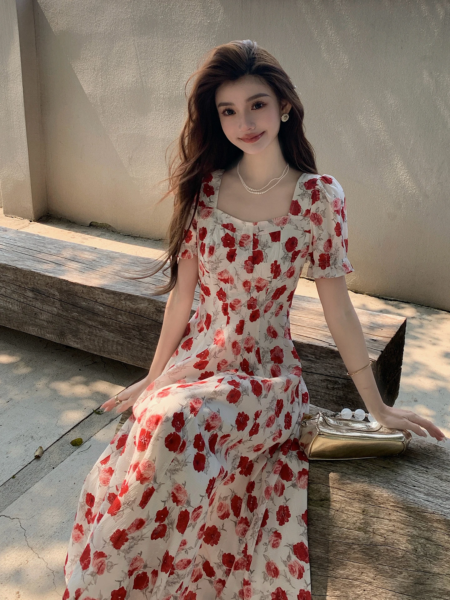

Dunliu Women's Floral Print Vintage Red Oil Painting Dress Summer Slimming Beach Vacation Long Skirt High Waist A-Line Dress