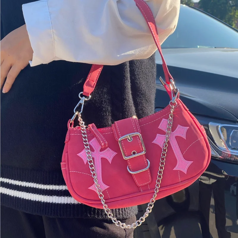 Y2K Fashion Shoulder Bag PU Leather Bags for Women Hottie Chain Pink Hobo Bags Female Underarm Bag Sweet Cool Girls Handbags