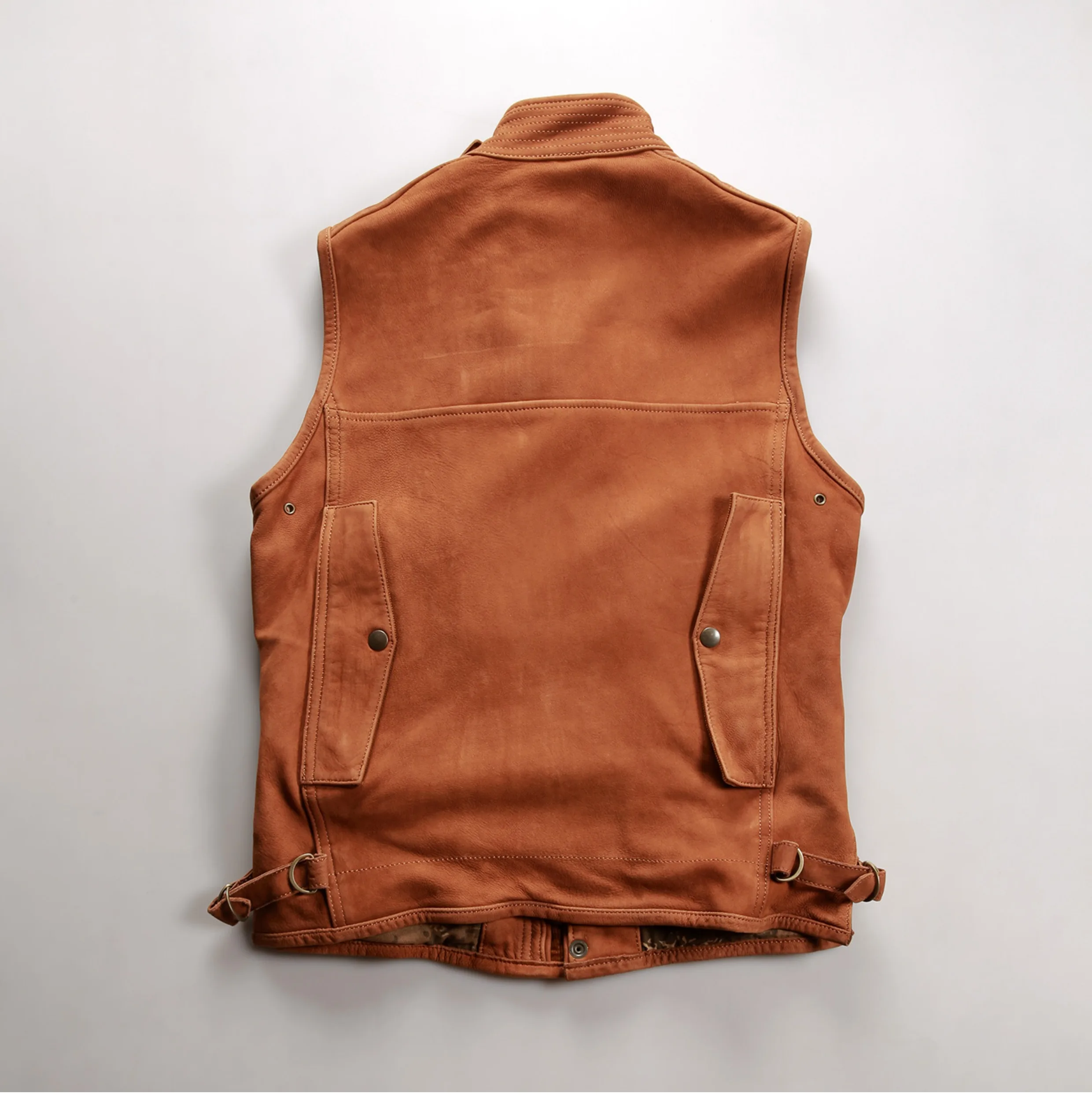 Brown Four Seasons Leather Vest Men Retro Style Plus Size 5XL Genuine Natural Sheepskin Stand Collar Hunter Safari Vest - Image 3