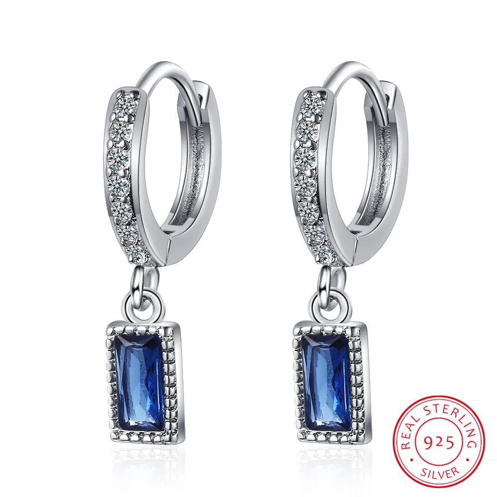 Emerald Cut Created Blue Sapphire 925 Sterling Silver Hoop Earrings for Women Fashion Statement Gemstone Jewelry Huggies