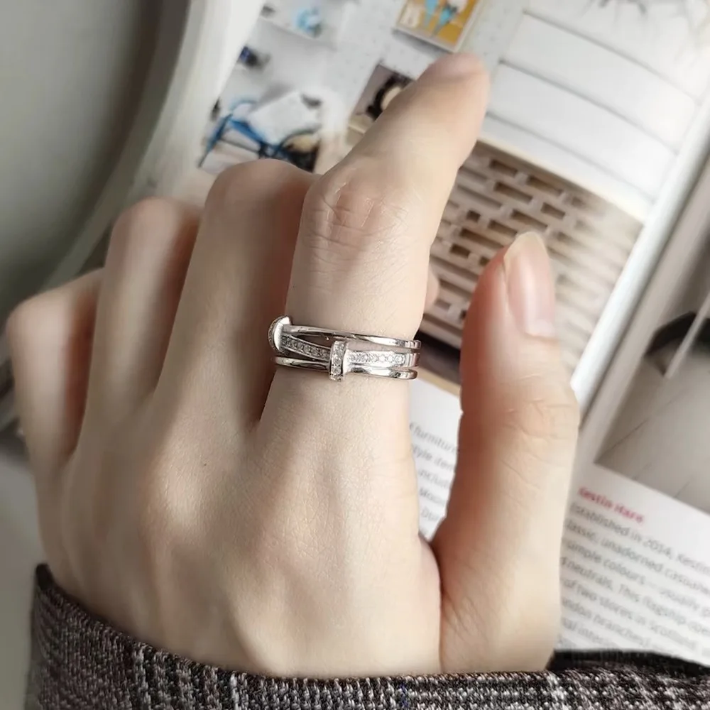 

Cross Line Shiny Zircon Geometric Open Ring, Smooth Surface Couple Rings, Sweet Fashion Adjustable Band Jewelry Gift