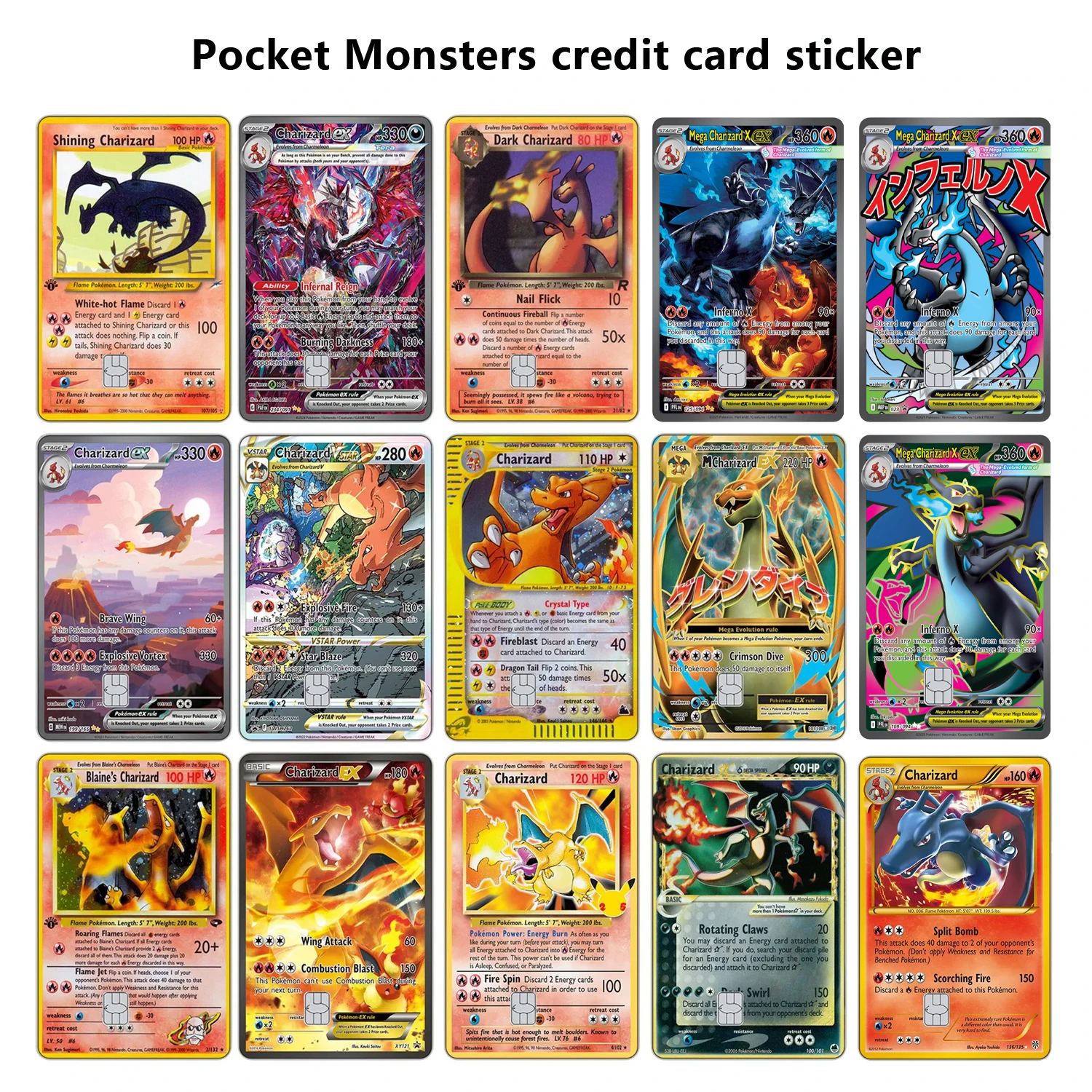 Pegatina de piel de tarjeta de crédito PTCG, pegatinas de Anime Charizard antidesmagnetización para VISA JCB MasterCard y otras tarjetas IC
