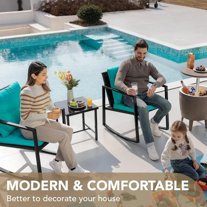 Devoko 3 Piece Rocking Bistro Set Wicker Patio Outdoor Furniture Porch Chairs Conversation Sets with Glass Coffee Table (Blue)