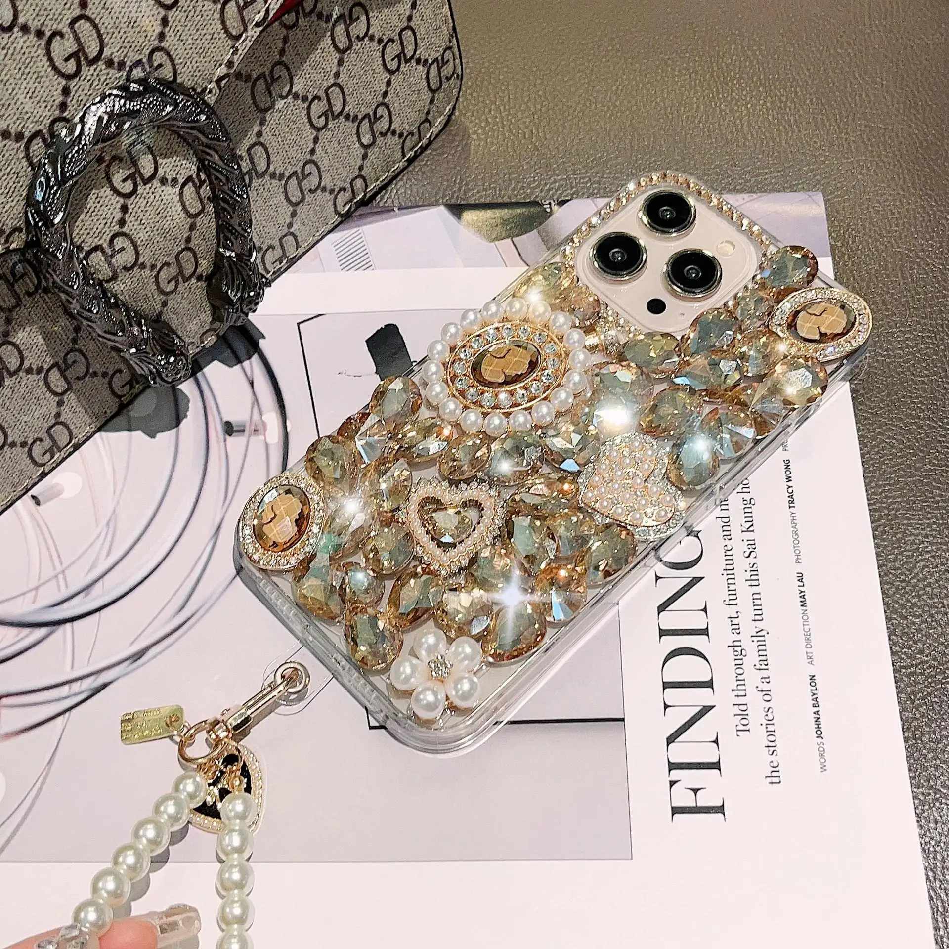 For iPhone 15 Pro Max Bling Diamond Pearl Chain Phone Case For iPhone 15 Pro max Glitter Rhinestone Cover image 6