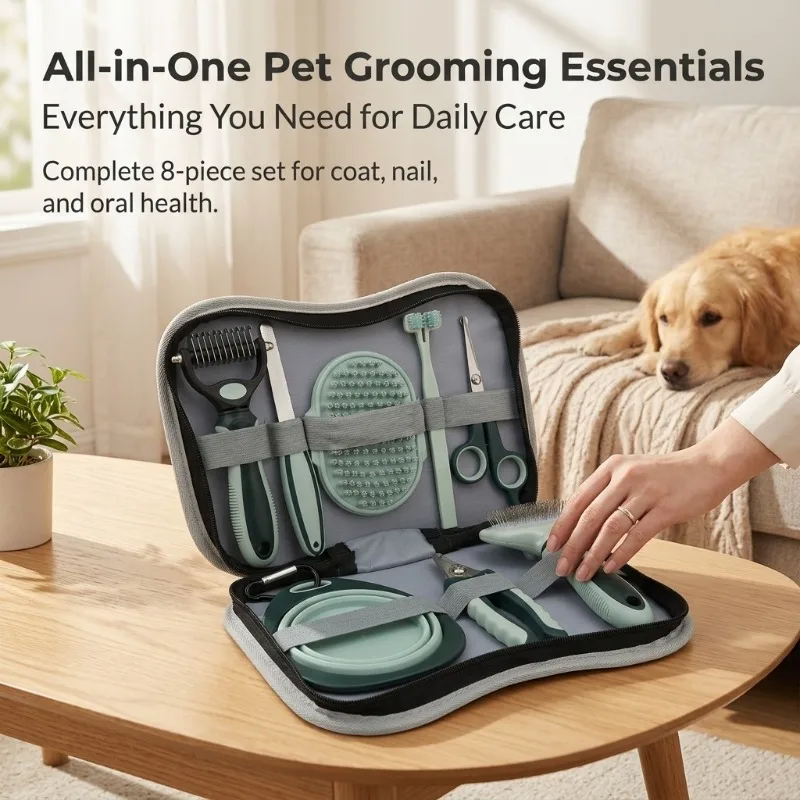 

All-in-One Pet Grooming Kit for Dogs Cats – Complete Set with Scissors, Deshedding Comb, Bath Brush, Bowl & Toothbrush