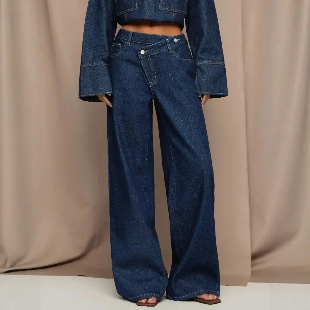Women Asymmetrical Placket Straight Leg Jeans High Waist Vintage Washed Raw Denim Niche Streetwear Chic Denim Pants