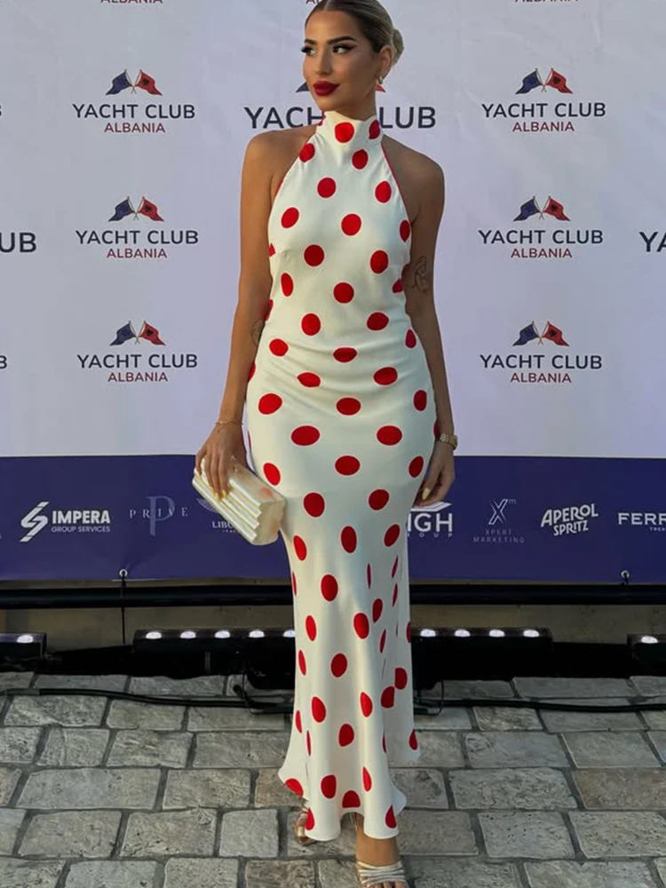 HH Elegantes Sommer-Maxikleid für Damen mit roten Polka Dots und Neckholder, 2026 Sexy Rückenfreies Ärmelloses Schlankes Süßes Langes Strandparty-Kleid