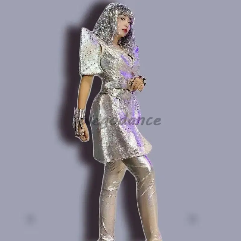 New Sequins Silver Bar Gogo Punk Set Performance Suit Singer Costume