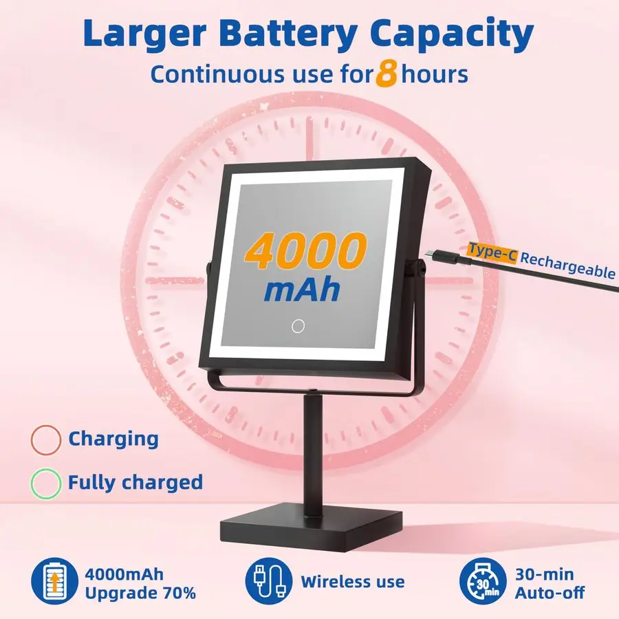 Specchio cosmetico con luci, amplificatore in altezza Luminosità regolabile, Specchio per trucco illuminato ricaricabile da 4000 mAh con ingrandimento 1X 10