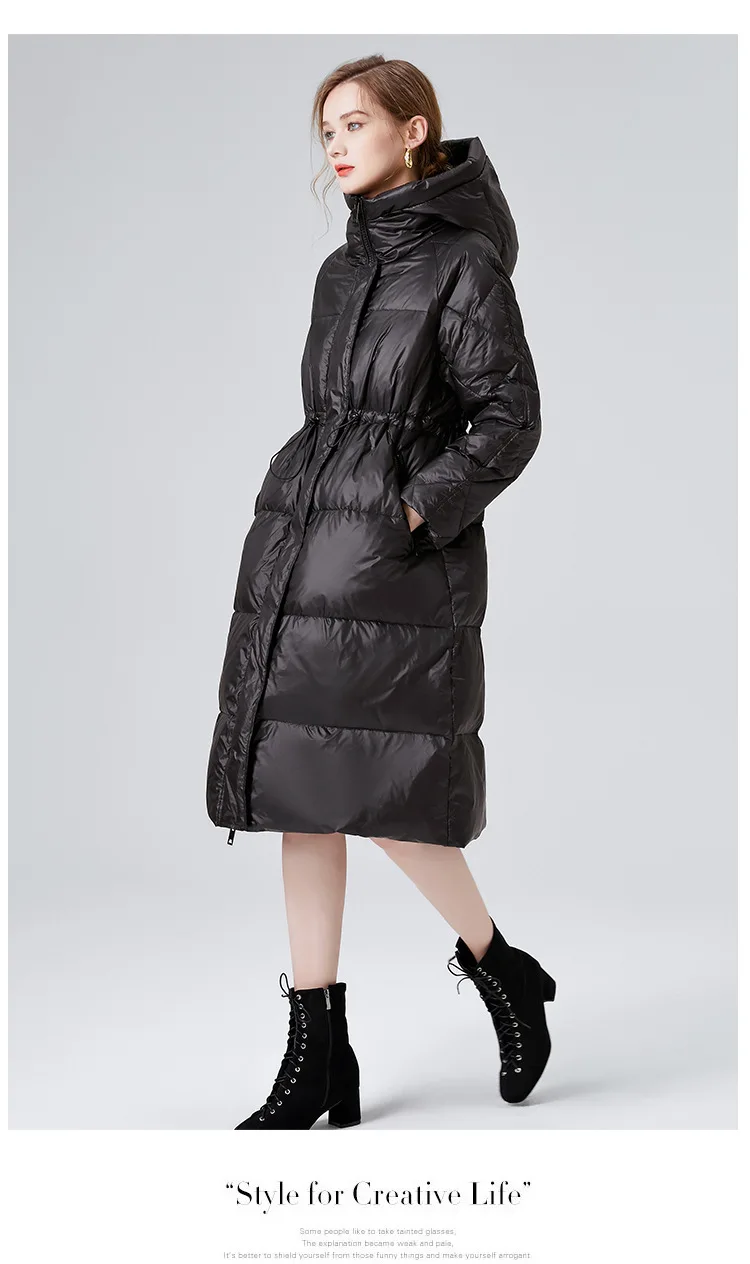 Piumino lungo da donna in piumino d'anatra bianca con cappuccio Parka invernale con cintura in vita Giacca calda per la stagione fredda