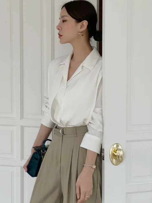 Ele Doppio Strato Drappeggiato Lungo Sve Pendolarismo irt Versatile Indossare Design Chic Lazy Sle Busin Casual Loose Fit irt