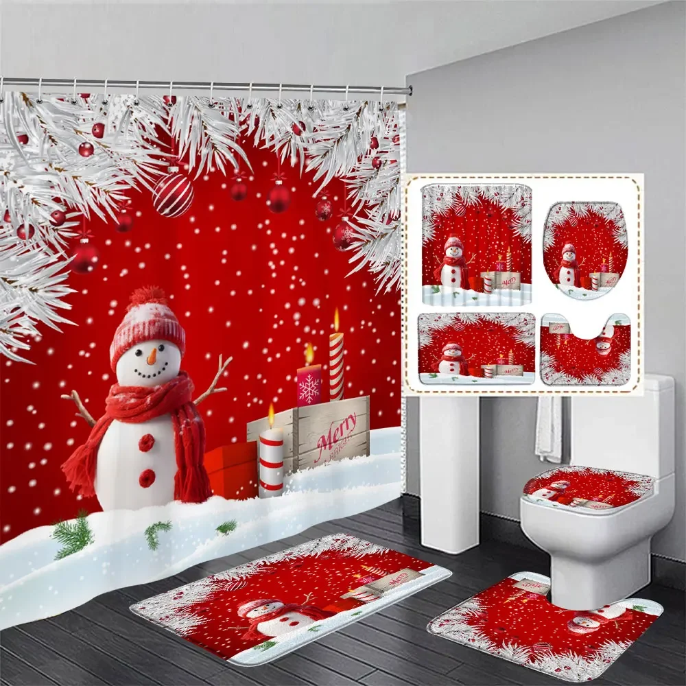 Christmas Gift Snowman Shower Curtain and Rug Set Father Christmas Pink Bathroom Decor Shower Curtains Rug Bath Mat Toilet Cover