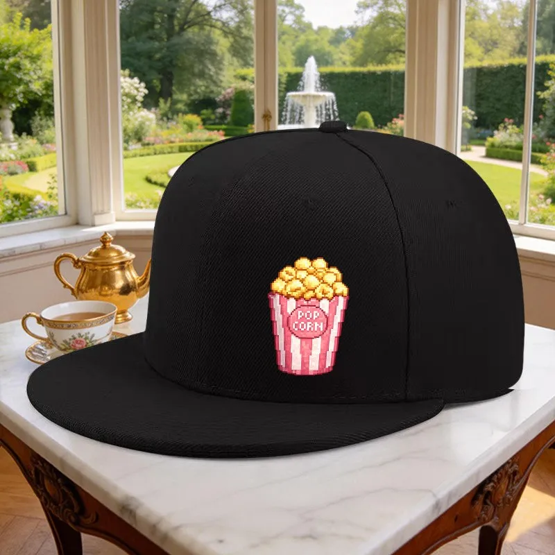 Popcorn Print Adjustable Snapback Cap Unisex Flat Brim Hip Hop Hat for Outdoor Sports Daily Wear