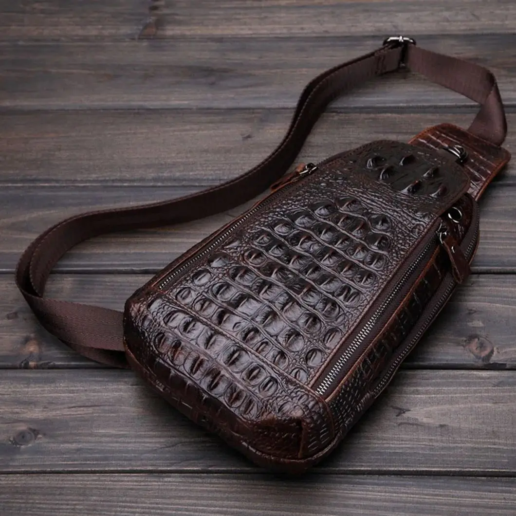 Men Sling Backpack Cross body Chest Bag Genuine Leather Crocodile Pattern Real Cowhide Travel Retro Male Messenger Shoulder Bag