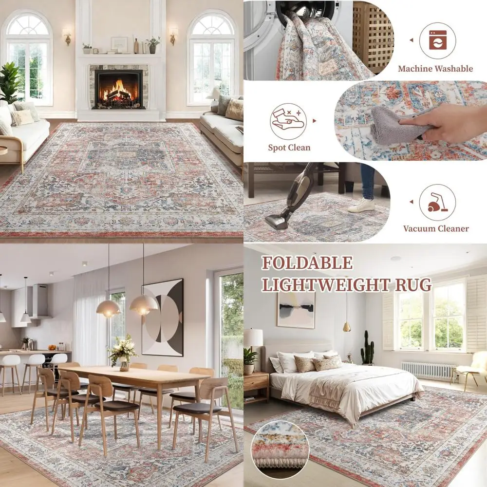 

Washable Vintage-Style Area Rugs for Living Spaces - Non-Slip, Low Pile Carpets Ideal for Bedrooms and Dining Rooms