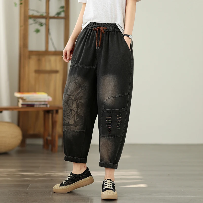 Rétro Waed fiti Denim Jeans Femme Été Grande Taille Lâche Mince Harlan Décontracté Polyvalent Carotte Papa Pantalon Taille Haute Nin...