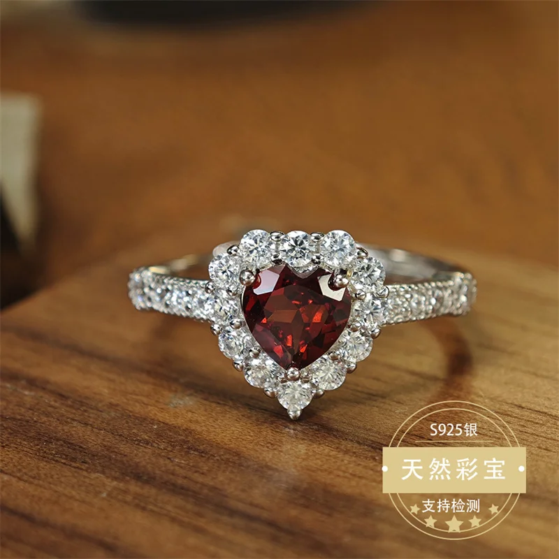 

Natural Heart Shape Garnet Wedding Ring 925 Sterling Silver Adjustable Size Ring for Women Girl Lady Jewelry Gift