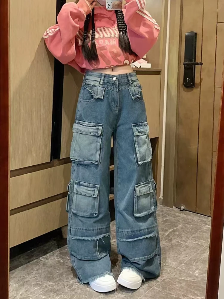 ADAgirl Multi-pocket Cargo Jeans Women Y2k Hip Hop Retro Baggy High Waist Wide Leg Denim Pants Harajuku Streetwear Chic Bottoms