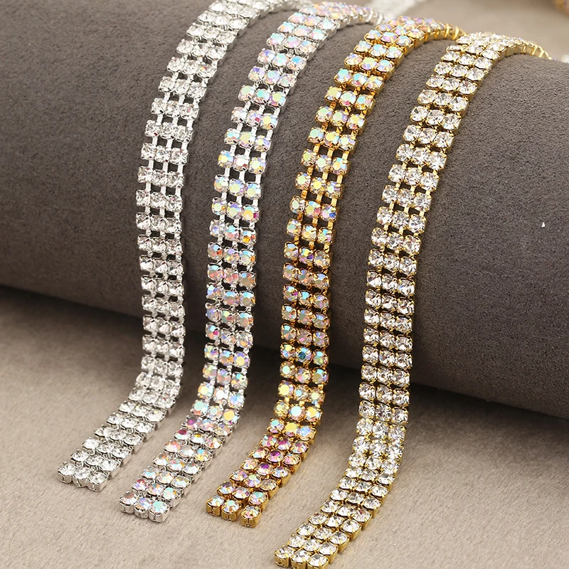 PEESOM SS8 3rows 7mm width Clear Rhinestone Cup Chain Gold/Sliver CrystalAB Glass Crystal Cup Chain for DIY Garment  Accessories