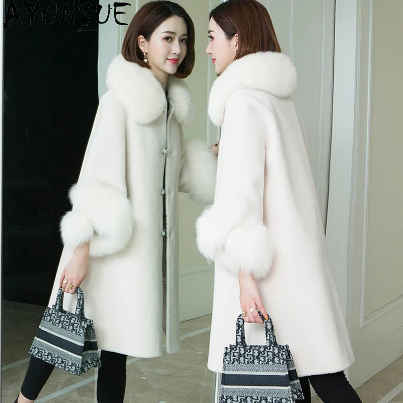 AYUNSUE 100% Wool Coat Women Clothes 2025 Winter Jacket Fashion Sheep Shearling Coats Woman Warm Fox Fur Collar Composite Fur