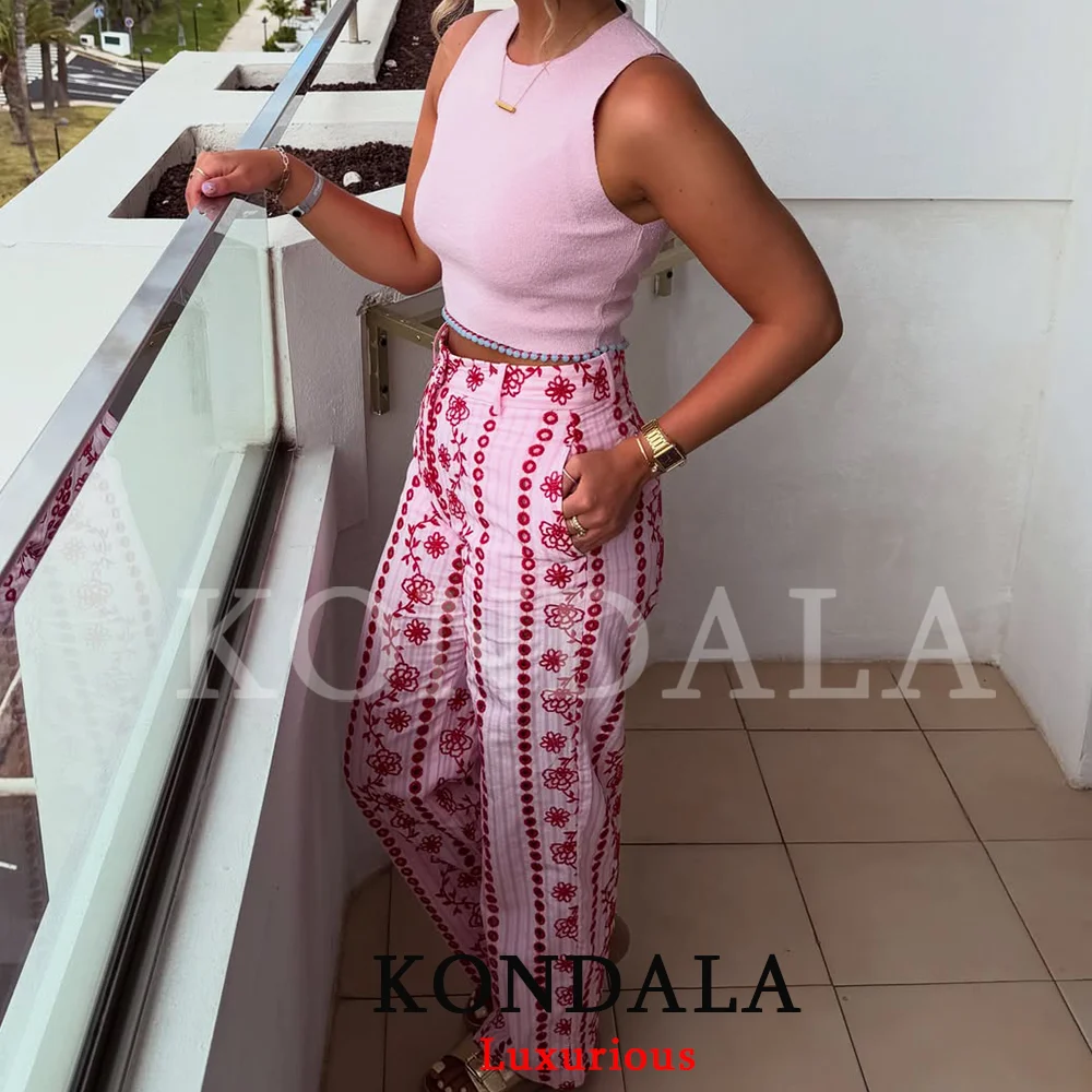 KONDALA Boho Chic Pink Embroidery Women Pants Wide Leg Vintage Holiday Women Pants Fashion 2026 Summer Elegant Long Pants image 5