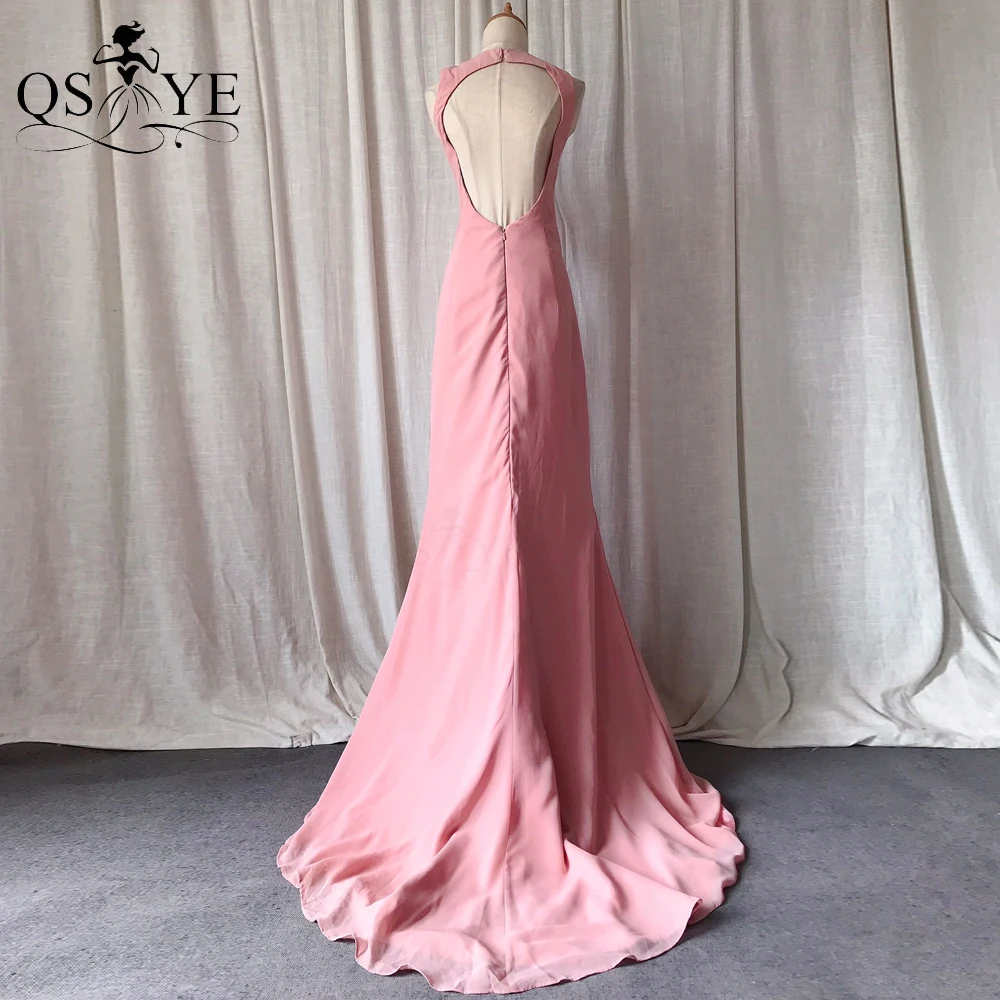 Effen Roze Avondjurken Elegante Chiffon Zeemeermin Lange Prom Jurk Court Trein Schouderbanden Backless Eenvoudige Blush Party Jurk