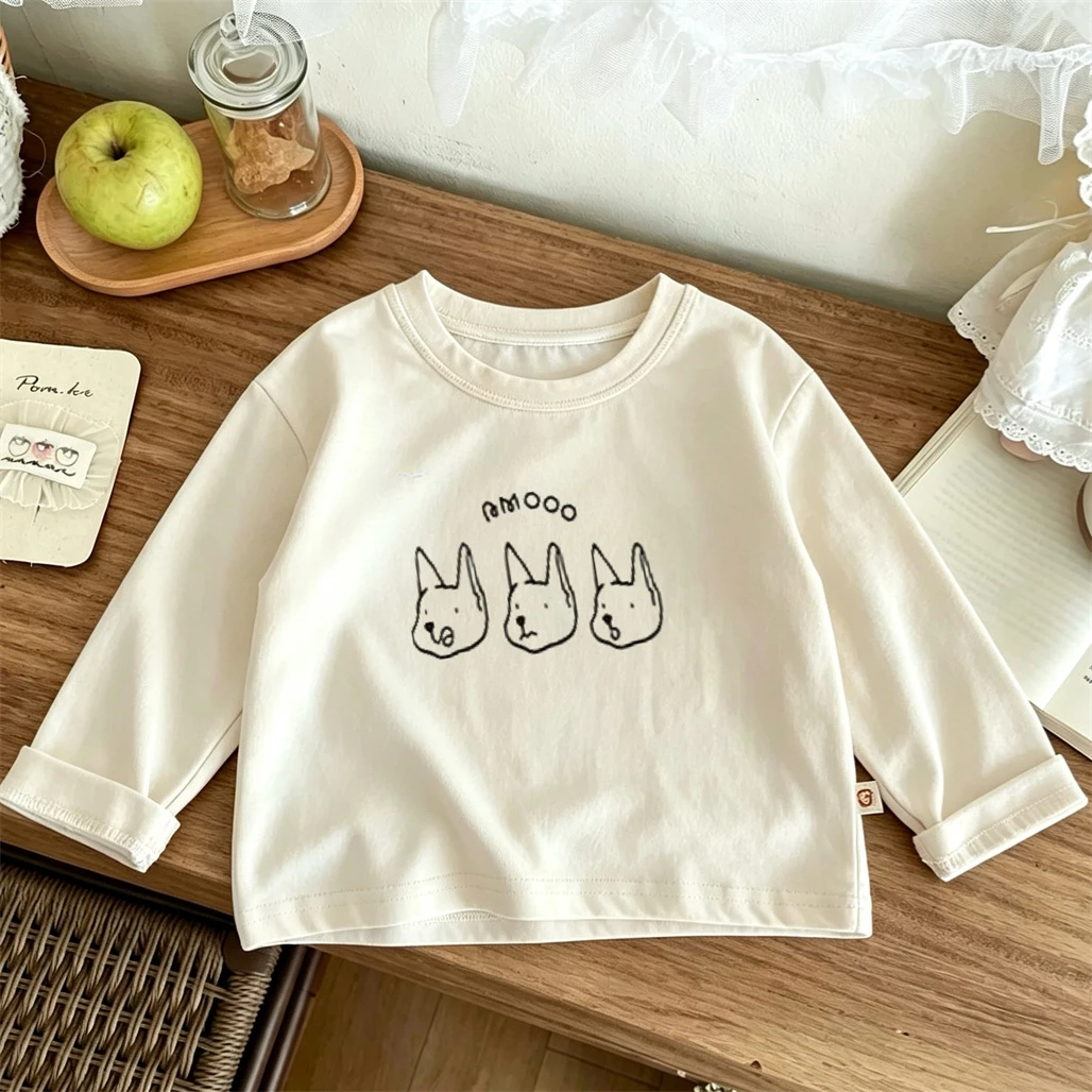Cartoon Printed TShirt Casual Loose Spring Clothing 1-7Years Old Child Long-sleeved Tops Solid Color Pullovers Baby Lovely Tees
