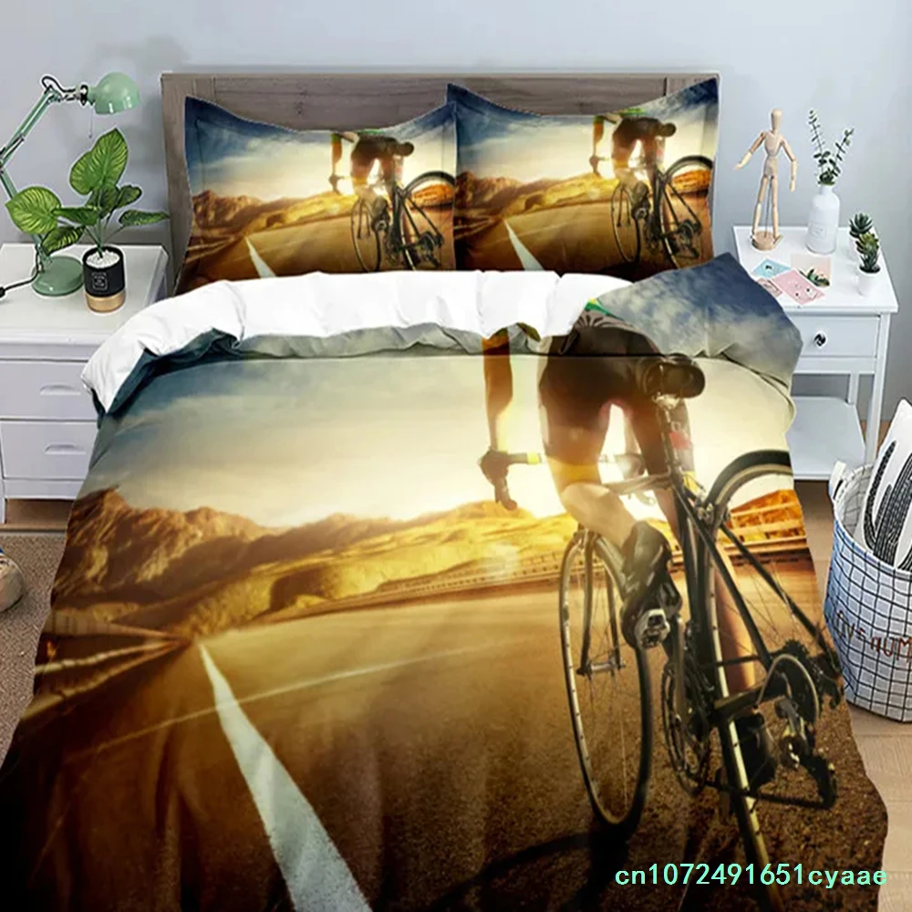 Bike Cycling Print Bedding Set Sport Style Duvet Cover Mountain Bike Quilt Cover With Pillowcases King For Teen Adult Room Decor