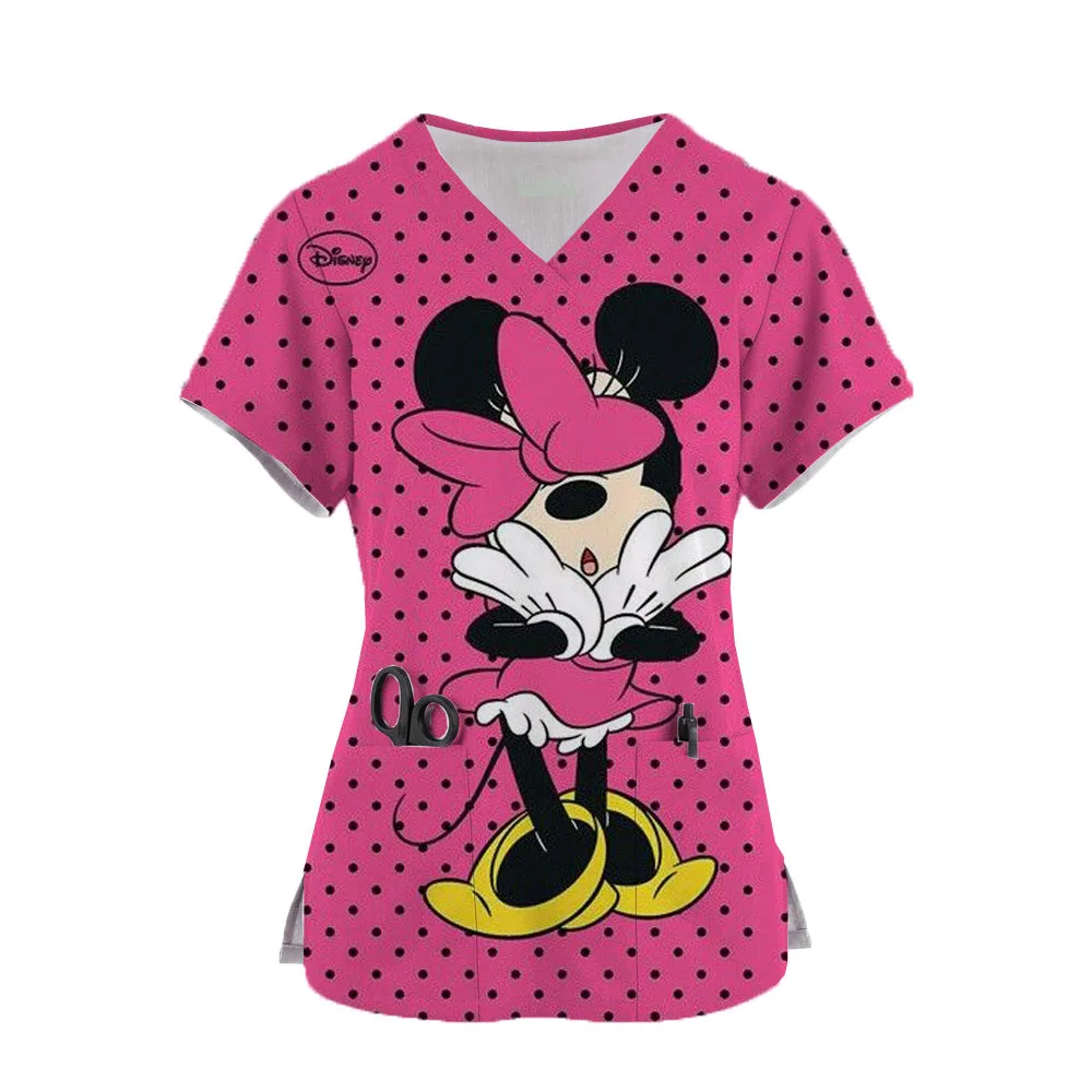 

Disney Mickey Mouse Print Nurse Scrub Tops Short Sleeve Tee Scrubs Uniform for Women Dentisit V-Neck Clothing Workwear Nursing