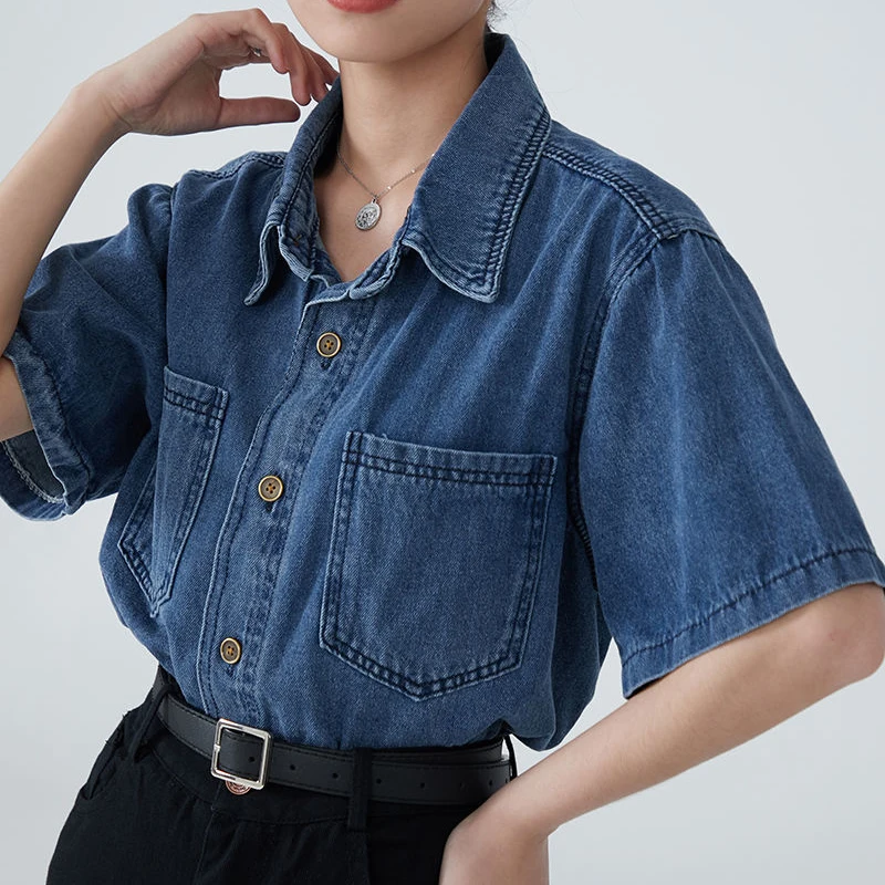 Rimocy Ol Office Denim Shirt for Women Summer 2023 Turn Down Collar Short Sleeve Blouse Woman Fashion Button Up Jean Jacket