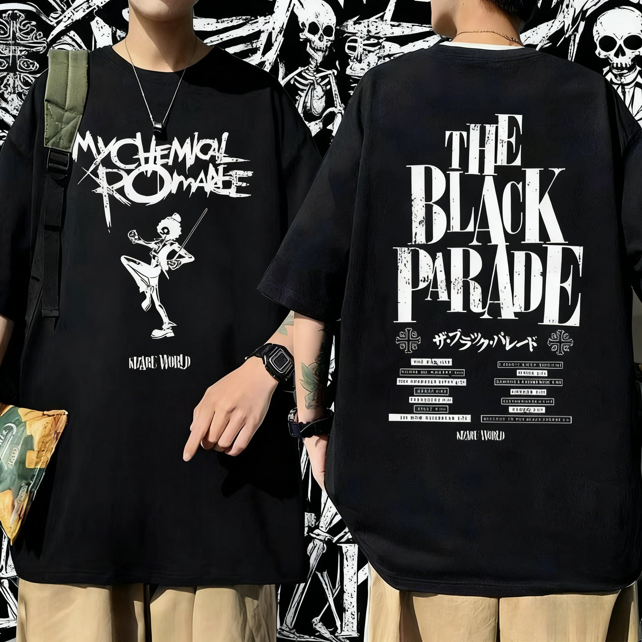 

Summer Rock Band My Chemical Romance The Black Parade Tour T-shirt Skull Pattern Short-sleeved Men Retro Cotton Loose T-shirt