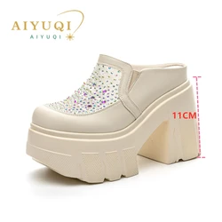 AIYUQI Women's Slippers 2026 New Genuine Leather Summer Women's Slippers Rhindiamonds 11cm High Toe Closed Slippers Women