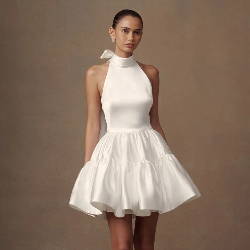 

Simple Ivory Satin Mini Wedding Dress Sleeveless Pleat Halter Ball Gown Sexy Backless with Lace Up Short Bride Dress Customized
