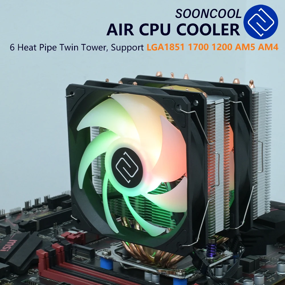 

Воздушный охладитель процессора SOONCOOL для Intel LGA1851 1700 1200 AM5 AM4 6, двухбашенный радиатор для ПК с тепловой трубкой