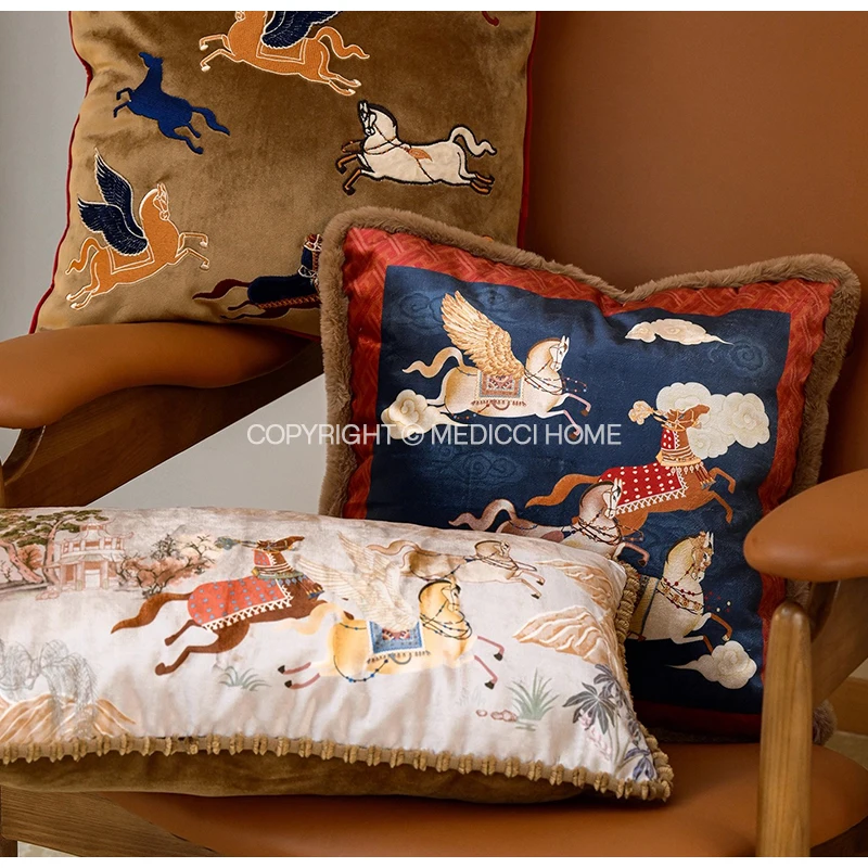 Medicci Home Eclecticism Style Exquisite Bolster Pillow Cover White Horse Printed Sofa Bedroom Decoration Cushion Case 30x60cm - view 3