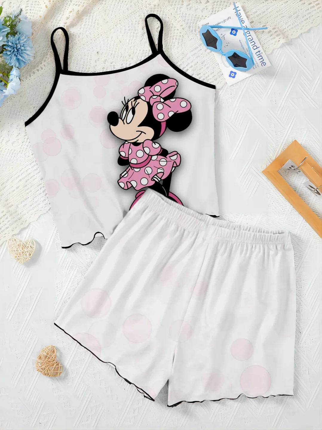 Mickey Elegant Women's Sets for Women 2 Pieces Slip Dress T-shirt Top Pajama Skirt Minnie Mouse Lettuce Trim Disney Short Suit