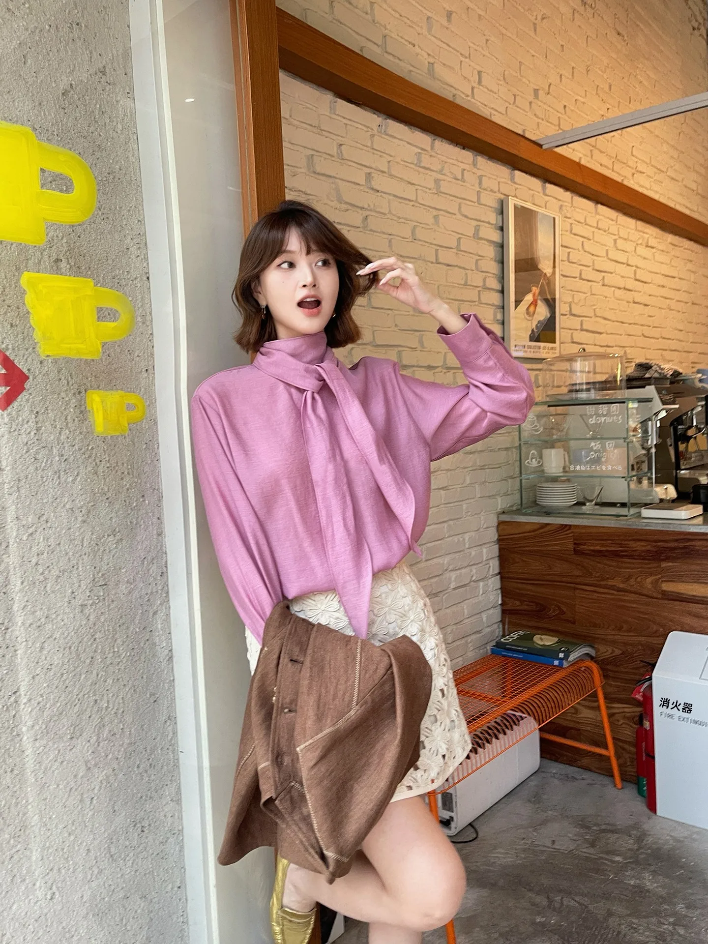 

Sweet Fre Ties Silk irt Women's Loose Fit Long Sve High Collar Breathable Korean Sle Spring New Arrival Top