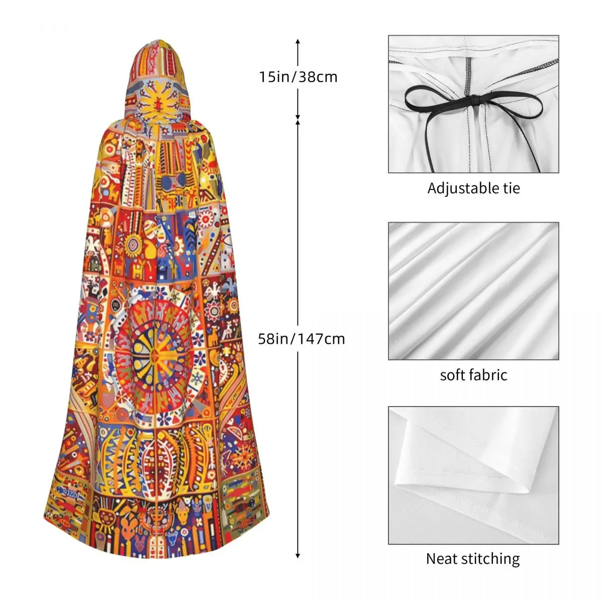 HUICHOL TILES Jubah Panjang Berkerudung Penyihir Kostum Abad Pertengahan Cosplay Cape Pesta Halloween Dewasa Unisex