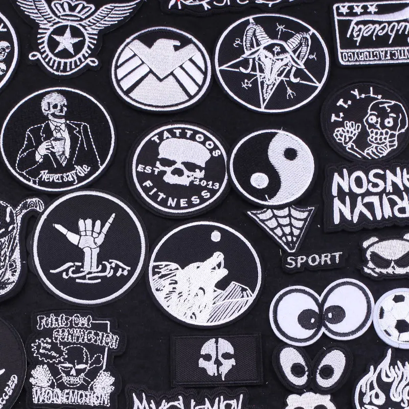 Black Hippie Punk Embroidered Patches For Clothing Iron On Metal Rock Patches for Applique Clothes Jackets Stickers Sew On Badge