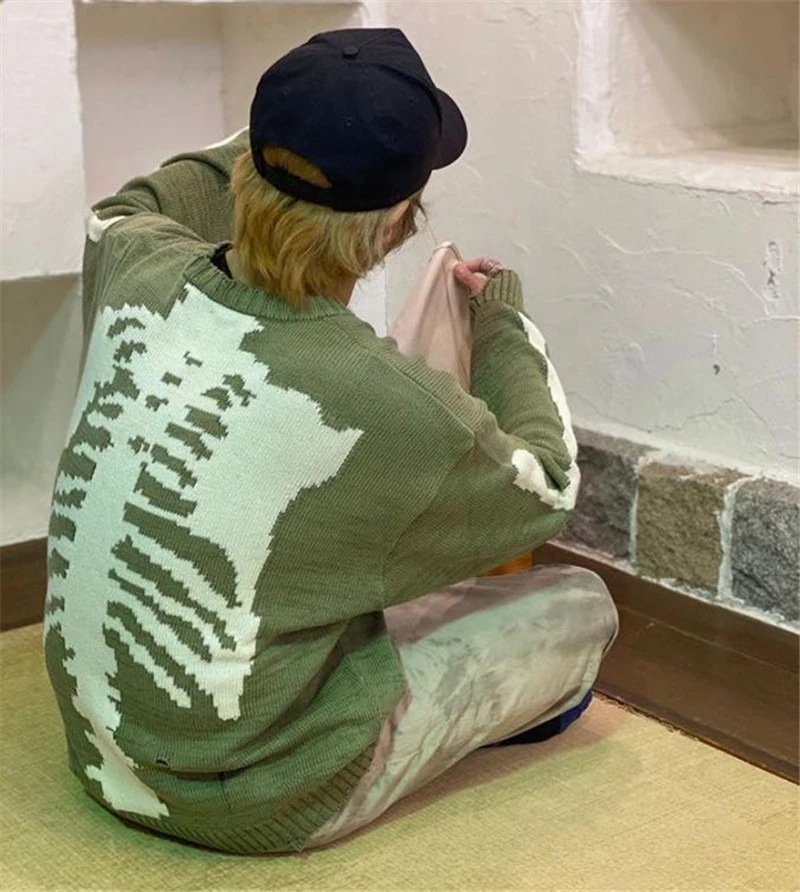 2025 KAPITAL behind the bones skeleton hole broken green knit sweater Japanese retro loose pullover long-sleeved sweater man