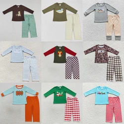 Wholesale Children Embroidery Mallard Puppy Brown Long Sleeve Pajamas Clothes Toddler  Plaid Pants Baby Boy Sleepwear Set