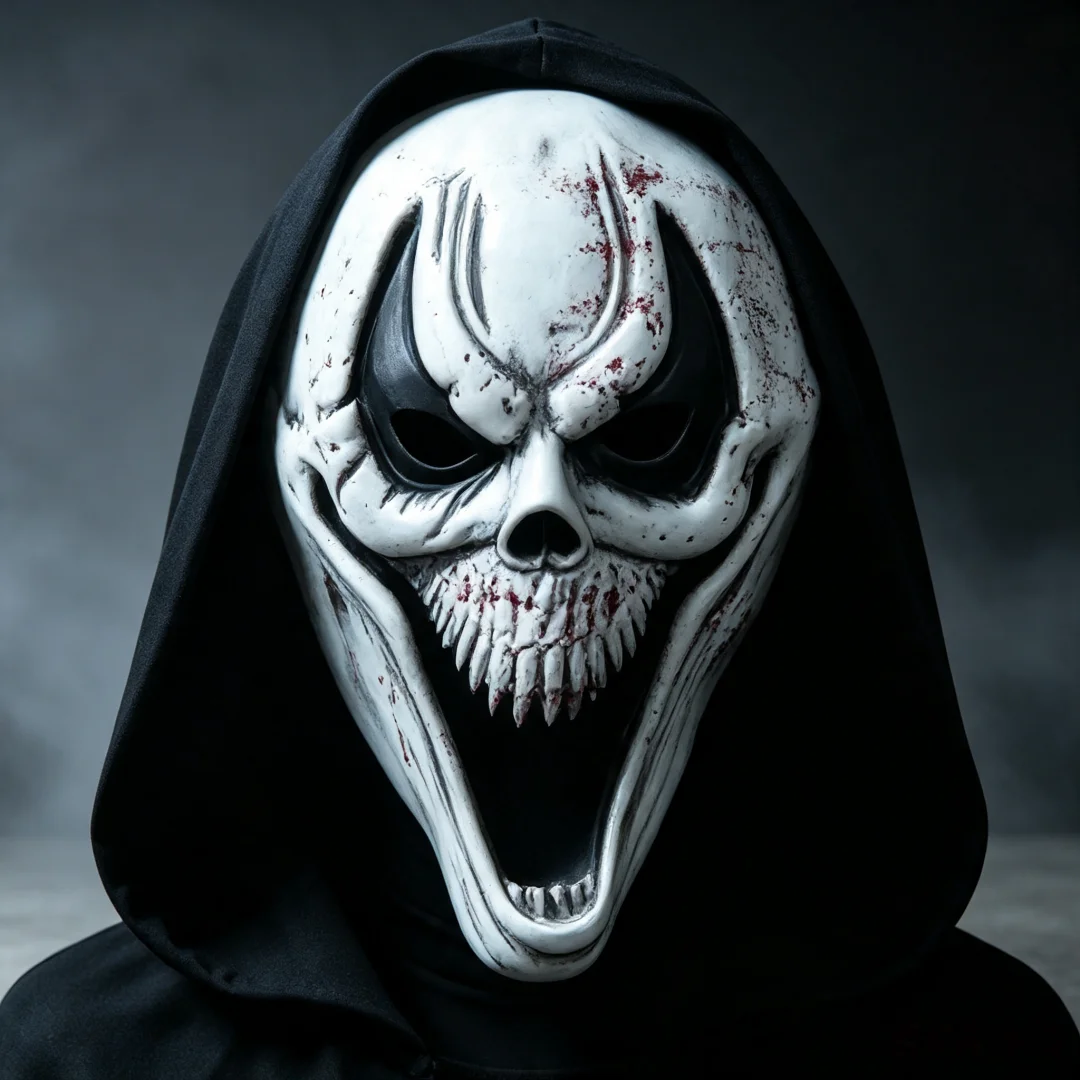 Scary Demon Skull Latex Mask with Black Hood, Bloody Horror Full Head Headgear, Halloween Cosplay Costume Prop for Haunted House Party Carnival