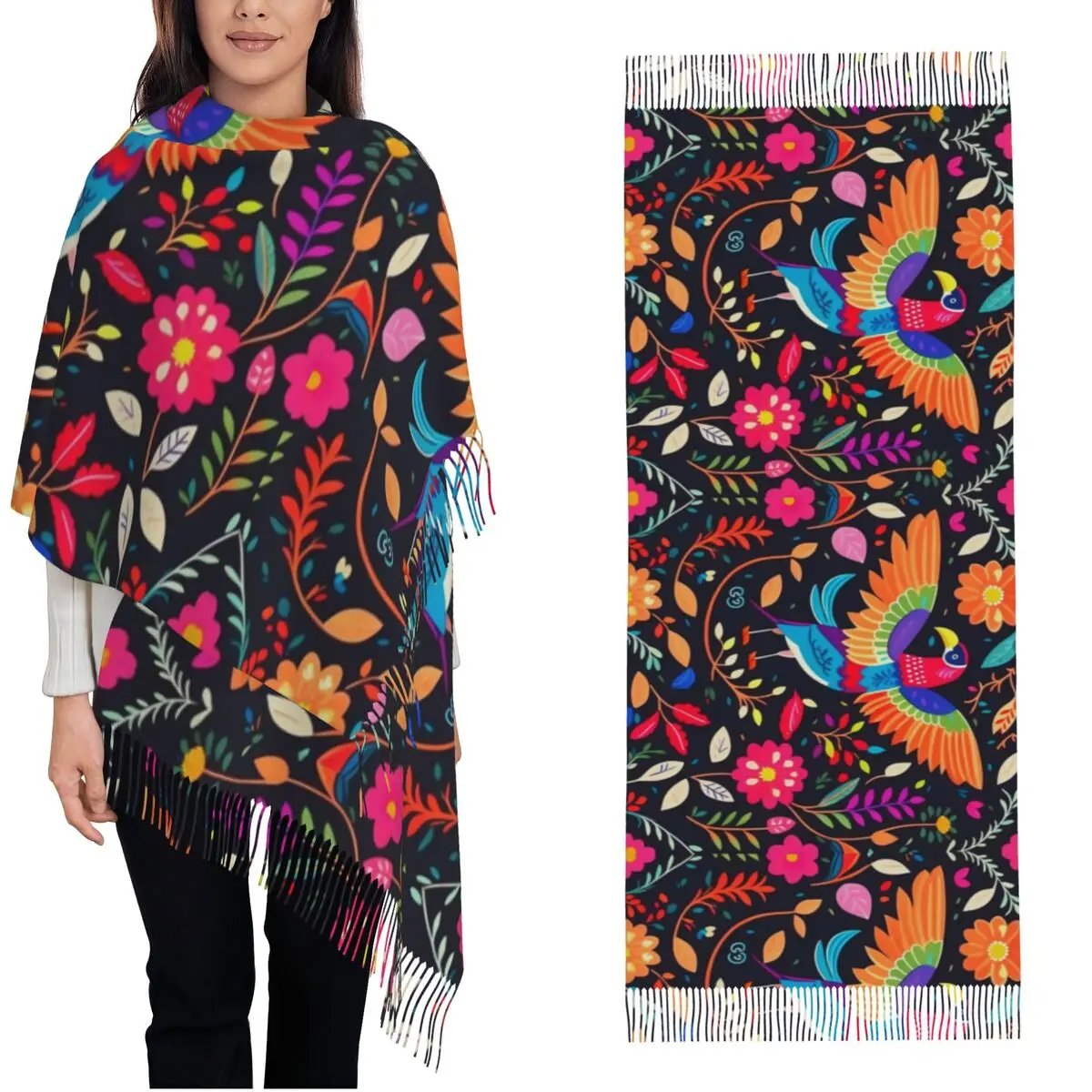 

Womens Scarf with Tassel Otomi Birds Large Super Soft Shawl Wrap Mexican Fiesta Flowers Daily Wear Pashmina Scarves