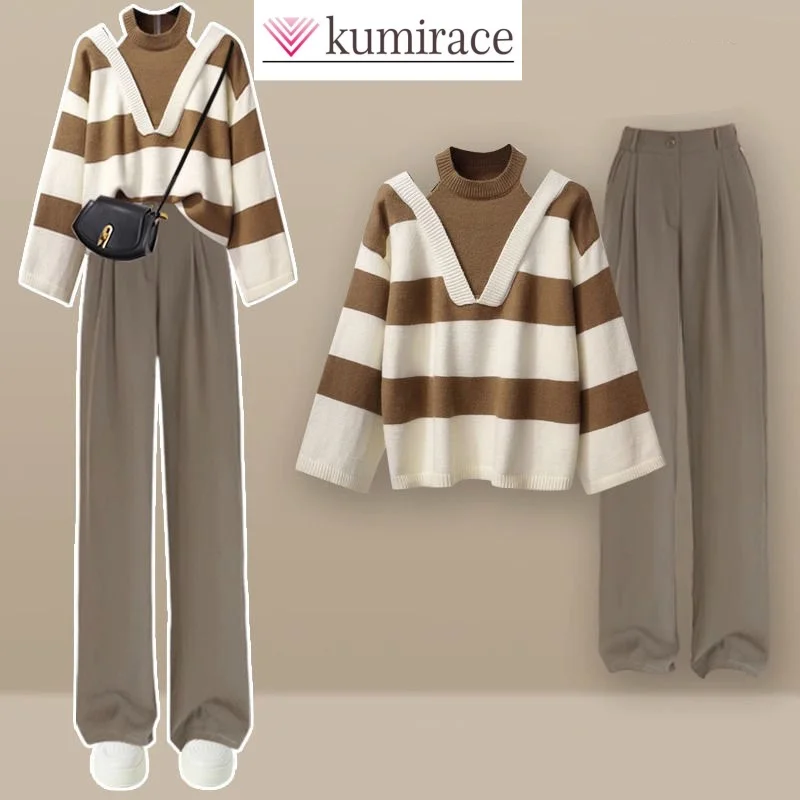 Striped Patchwork Round Neck Knitted Sweater Pullover Casual Wide Leg Pants Two-piece Set Fashionable Women\'s Pants Sets